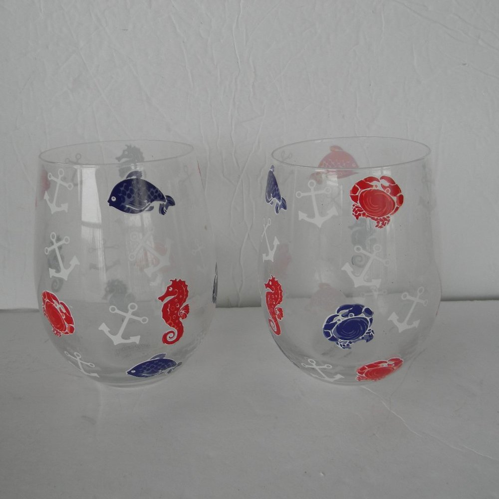 TEMP-TATIONS SEASONAL SET OF 2 WINE GLASSES KNOTICAL BEACH SEA